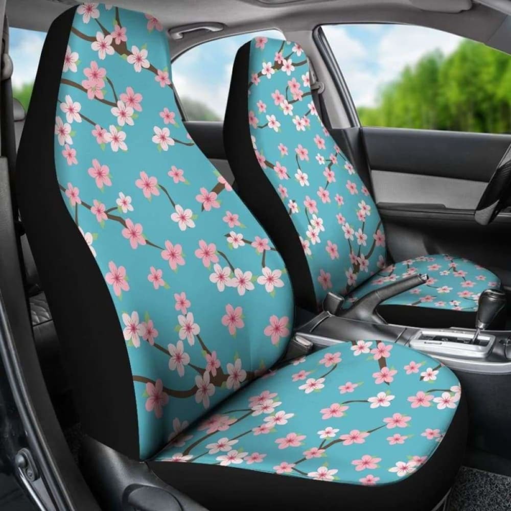 Teal With Pink And White Cherry Blossom Flower Pattern Car Seat Covers