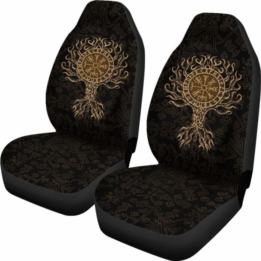 Viking Car Seat Cover - Vegvisir Tree Of Life - Gold -