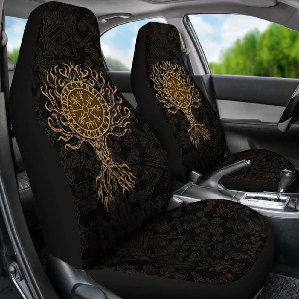 Viking Car Seat Cover - Vegvisir Tree Of Life - Gold -
