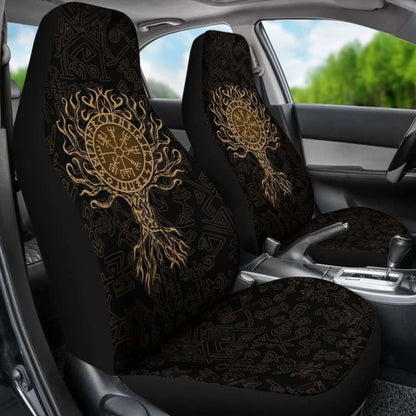 Viking Car Seat Cover - Vegvisir Tree Of Life - Gold -