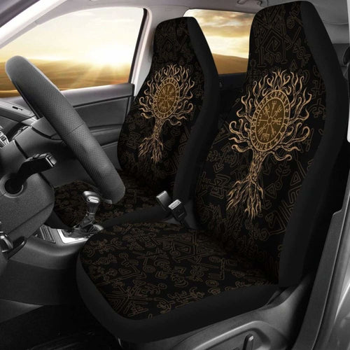 Viking Car Seat Cover - Vegvisir Tree Of Life - Gold -