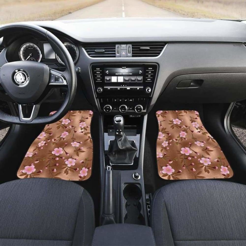 Pink Sakura Cherry Blossom Drak Brown Background Front And Back Car Mats