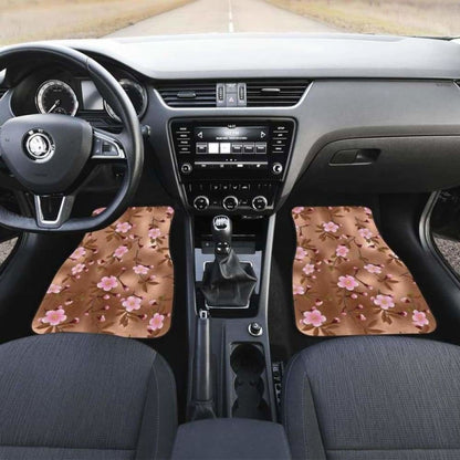 Pink Sakura Cherry Blossom Drak Brown Background Front And Back Car Mats