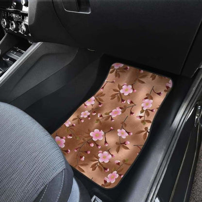 Pink Sakura Cherry Blossom Drak Brown Background Front And Back Car Mats
