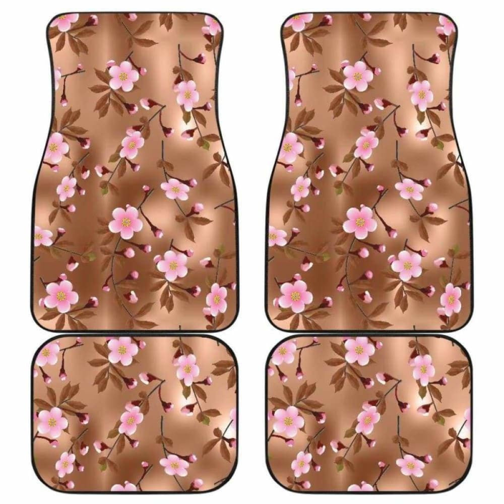 Pink Sakura Cherry Blossom Drak Brown Background Front And Back Car Mats