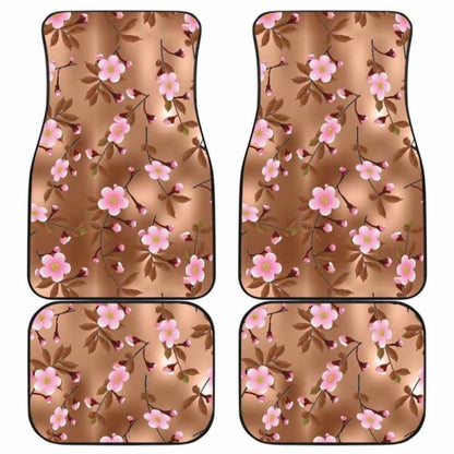 Pink Sakura Cherry Blossom Drak Brown Background Front And Back Car Mats