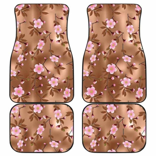 Pink Sakura Cherry Blossom Drak Brown Background Front And Back Car Mats