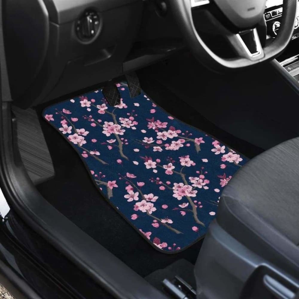 Pink Sakura Cherry Blossom Blue Background Front And Back Car Mats