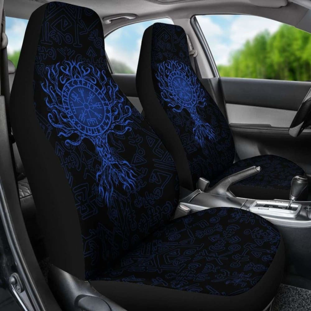 Viking Car Seat Cover - Vegvisir Tree Of Life - Blue -