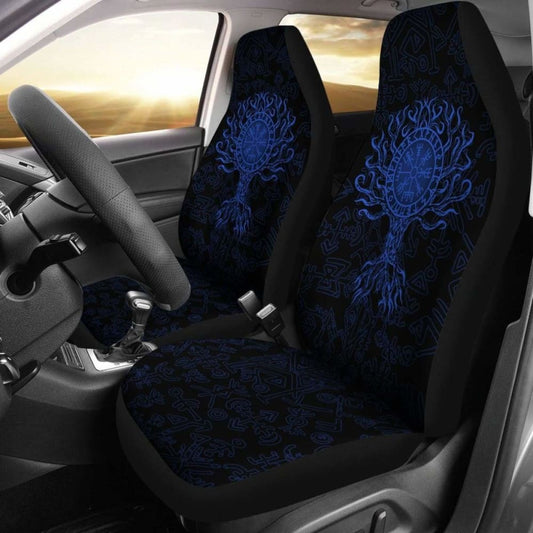Viking Car Seat Cover - Vegvisir Tree Of Life - Blue -