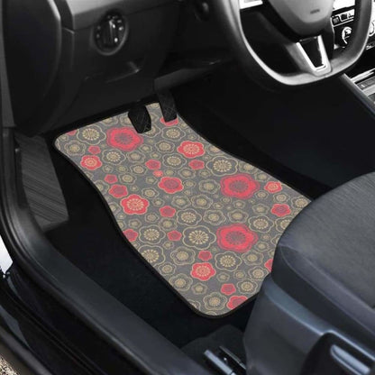 Red Gold Sakura Cherry Blossom Gray Background Front And Back Car Mats
