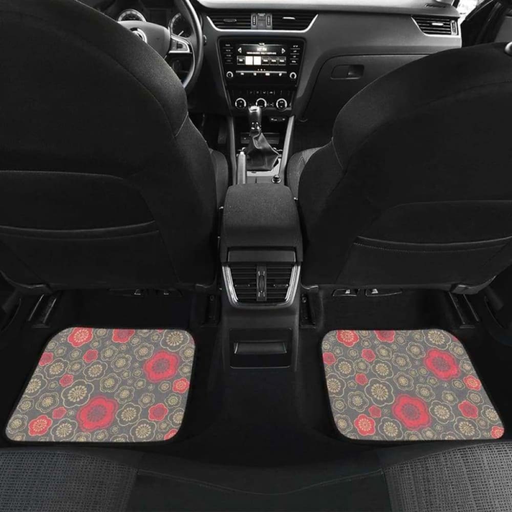 Red Gold Sakura Cherry Blossom Gray Background Front And Back Car Mats