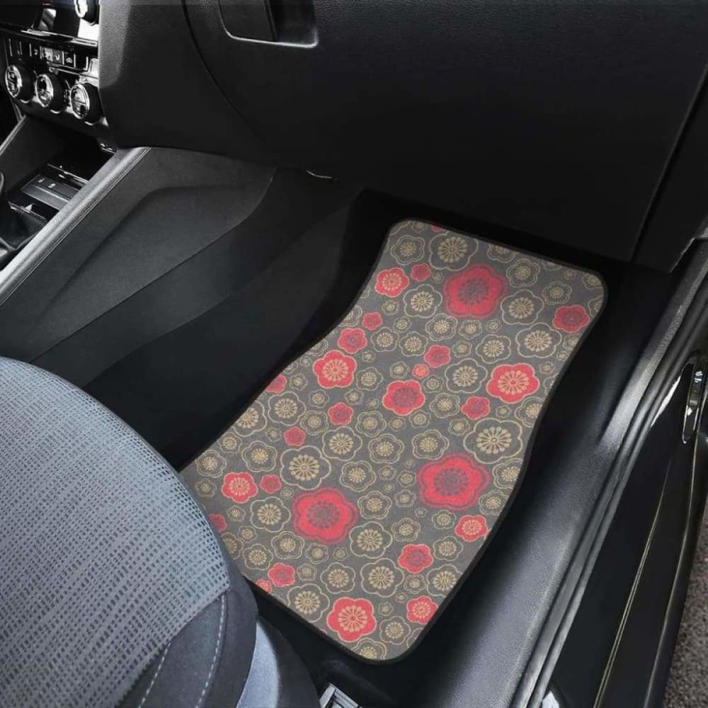 Red Gold Sakura Cherry Blossom Gray Background Front And Back Car Mats