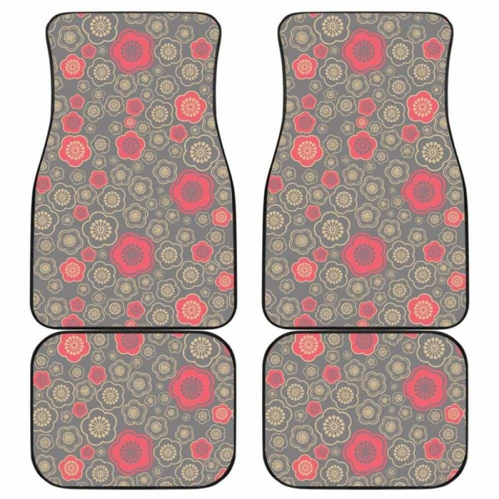 Red Gold Sakura Cherry Blossom Gray Background Front And Back Car Mats