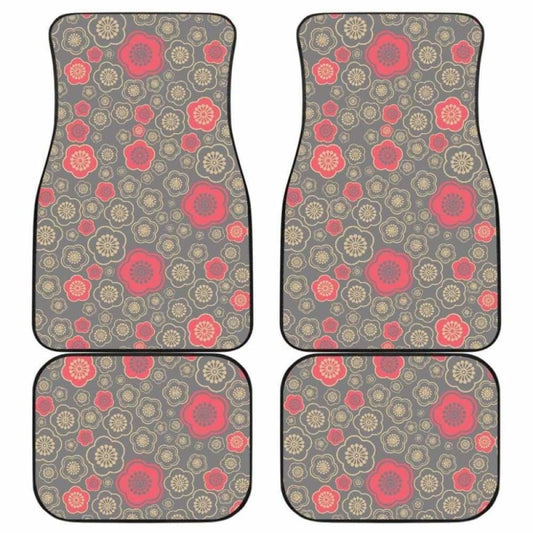 Red Gold Sakura Cherry Blossom Gray Background Front And Back Car Mats