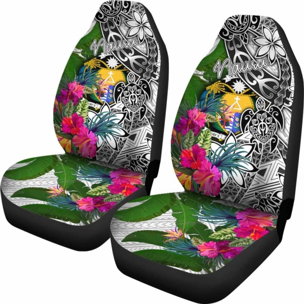 Nauru Car Seat Covers White - Turtle Plumeria Banana Leaf Crest -