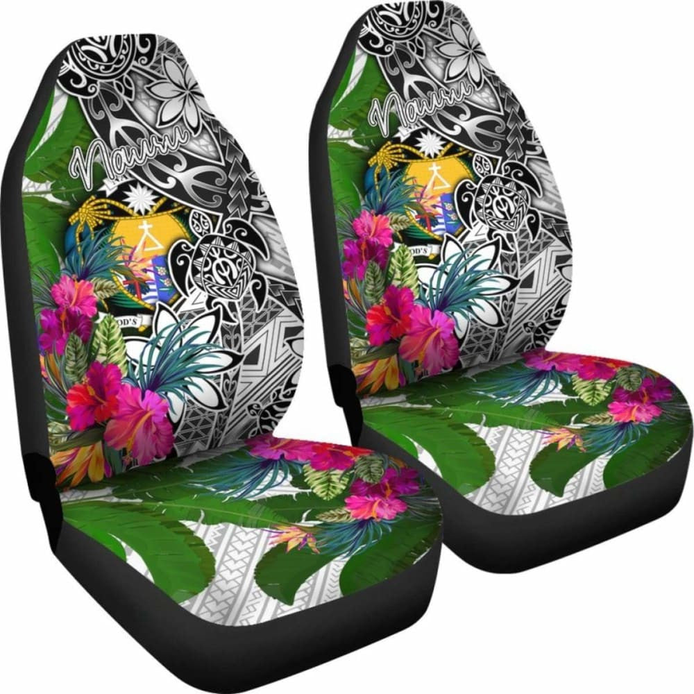 Nauru Car Seat Covers White - Turtle Plumeria Banana Leaf Crest -