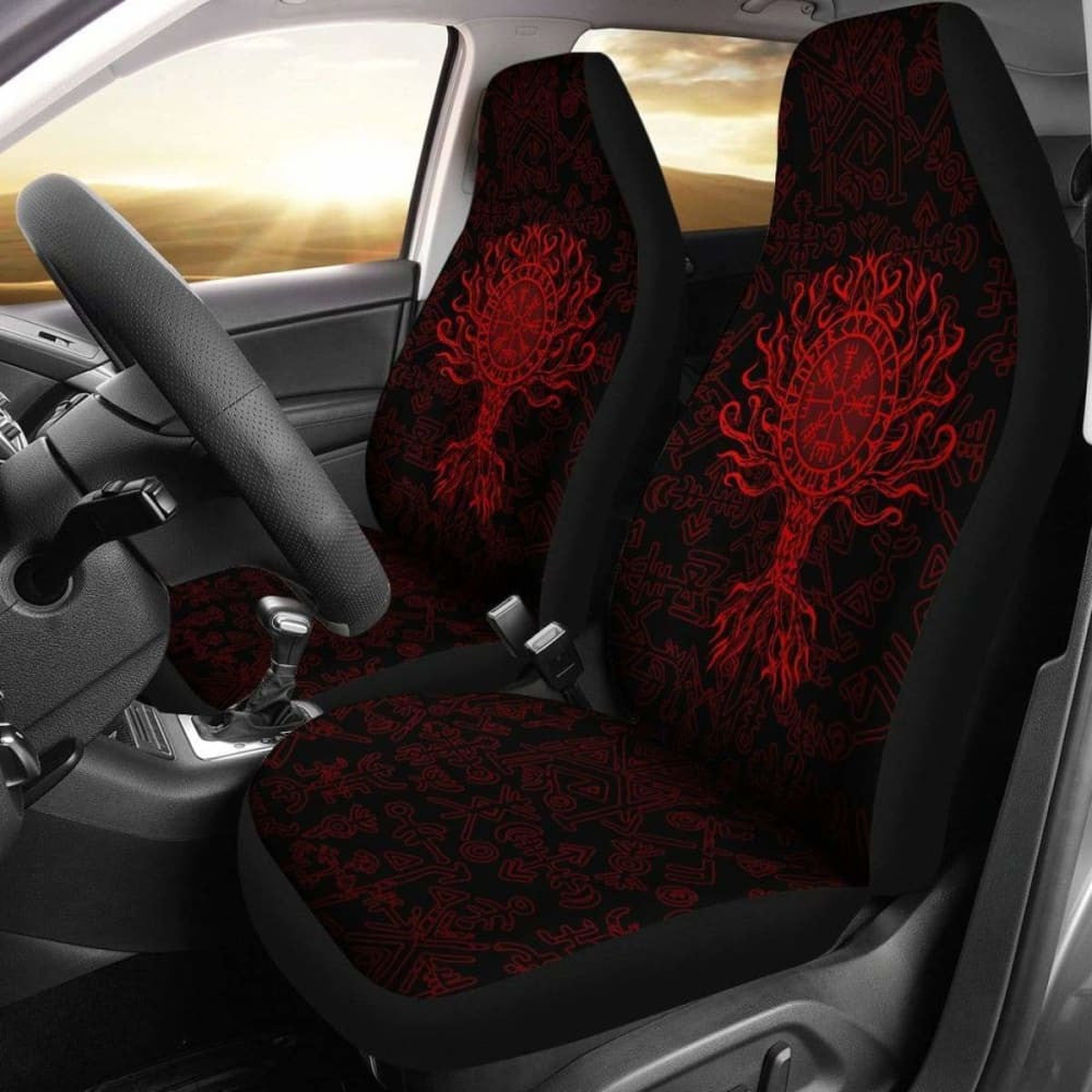 Viking Car Seat Cover - Vegvisir Tree Of Life - Red -