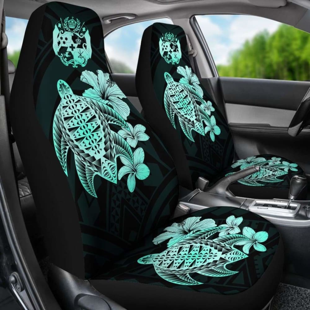 Tongan Car Seat Covers Hibiscus Plumeria Mix Polynesian Turtle Turquoise Awesome