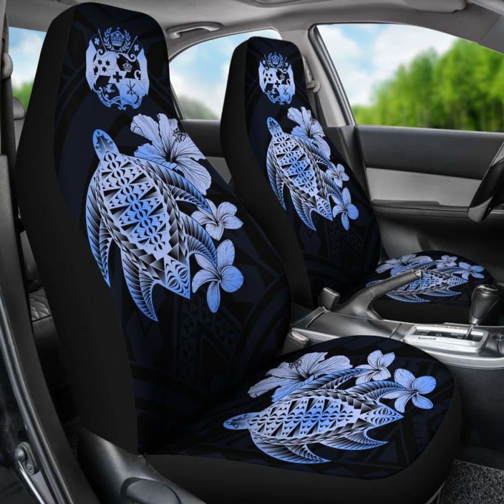 Tongan Car Seat Covers Hibiscus Plumeria Mix Polynesian Turtle Blue Awesome
