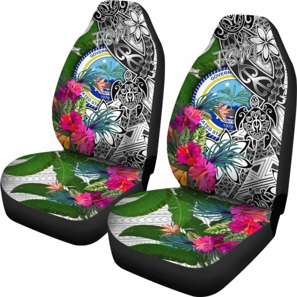Federated States Of Micronesia Car Seat Covers White - Turtle Plumeria Banana Leaf -