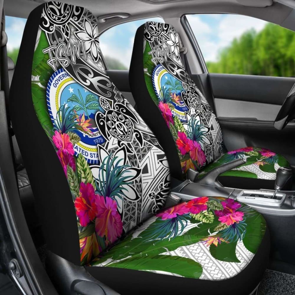 Federated States Of Micronesia Car Seat Covers White - Turtle Plumeria Banana Leaf -