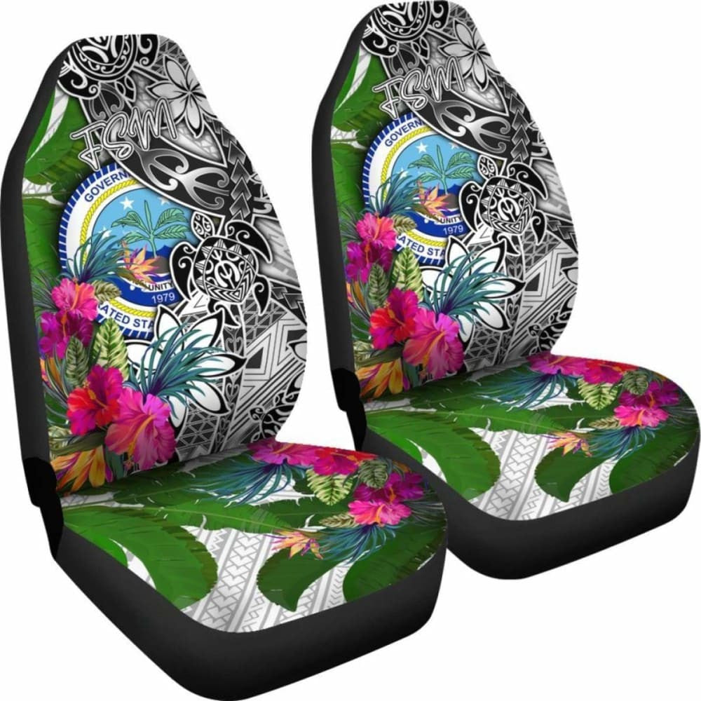 Federated States Of Micronesia Car Seat Covers White - Turtle Plumeria Banana Leaf -