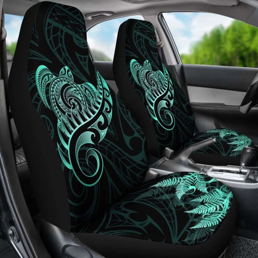 New Zealand Car Seat Covers - Aotearoa Maori Turtle Silver Fern Turquoise Awesome