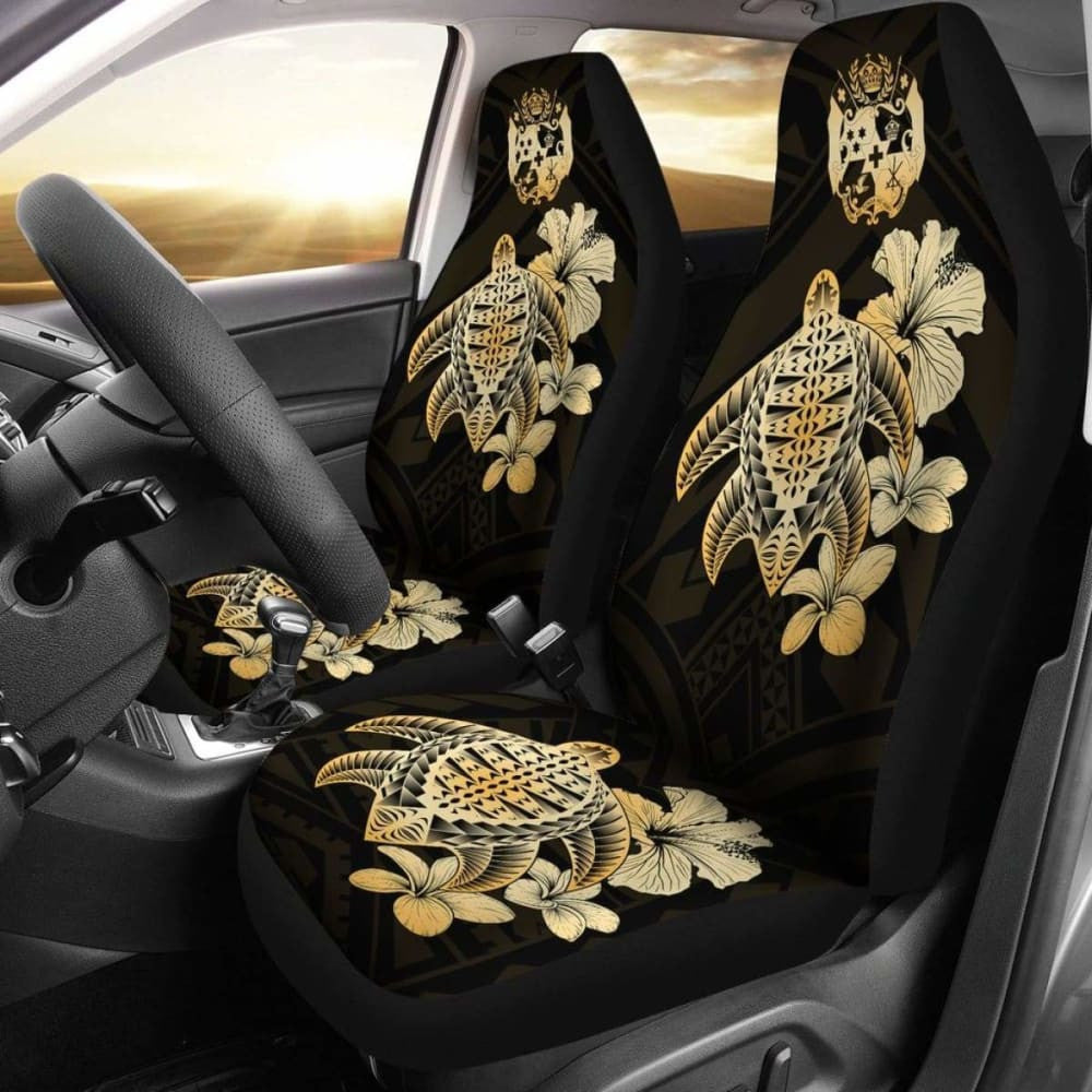 Tongan Car Seat Covers Hibiscus Plumeria Mix Polynesian Turtle Gold Awesome