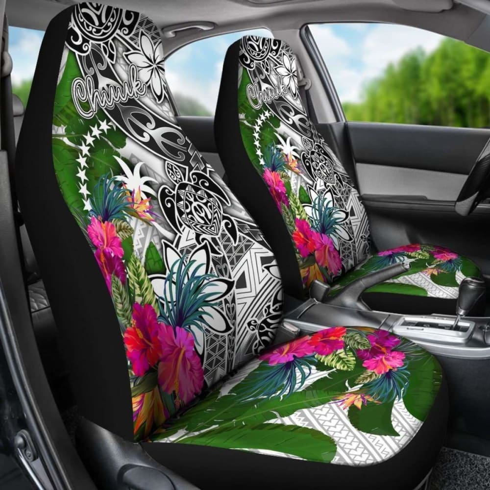 Chuuk Car Seat Covers White - Turtle Plumeria Banana Leaf -