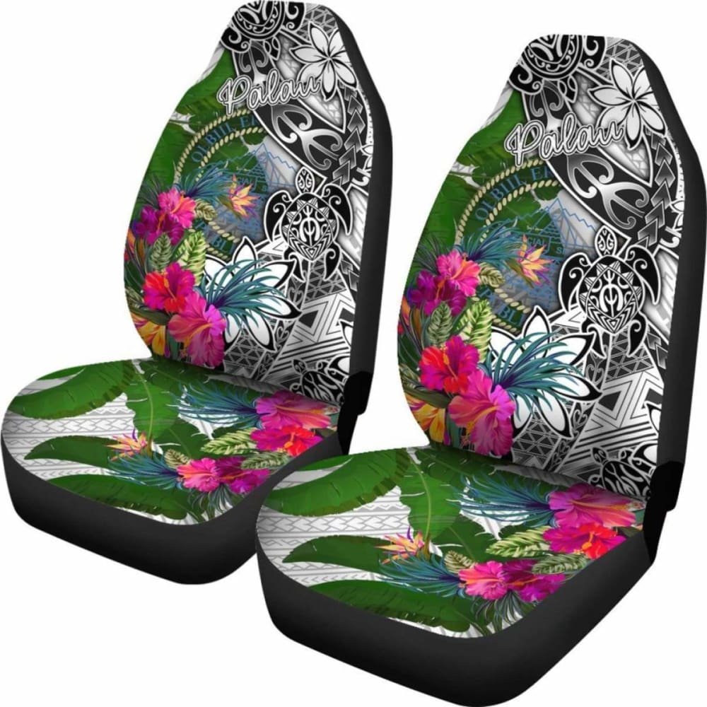 Palau Car Seat Covers White - Turtle Plumeria Banana Leaf Crest -