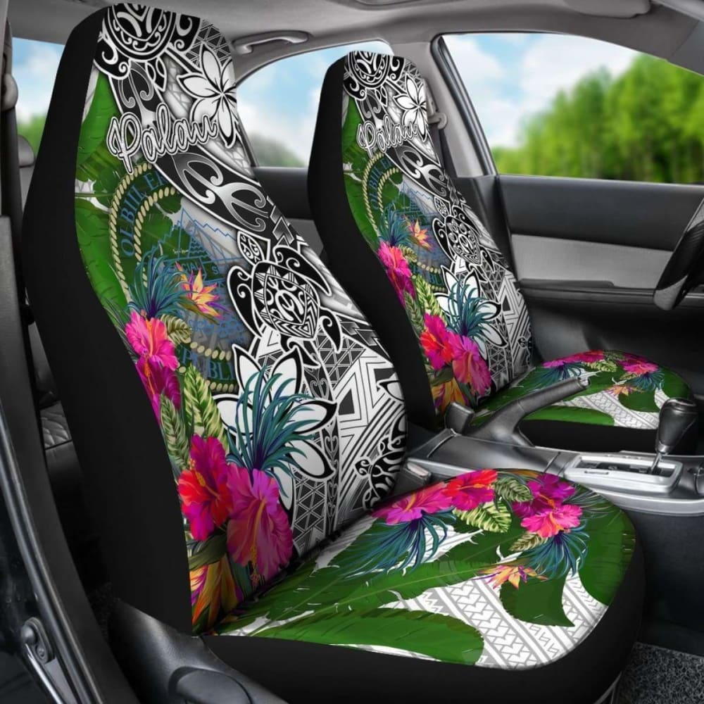 Palau Car Seat Covers White - Turtle Plumeria Banana Leaf Crest -