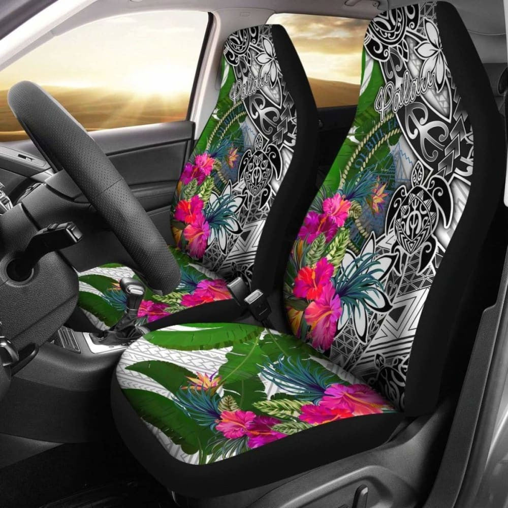 Palau Car Seat Covers White - Turtle Plumeria Banana Leaf Crest -