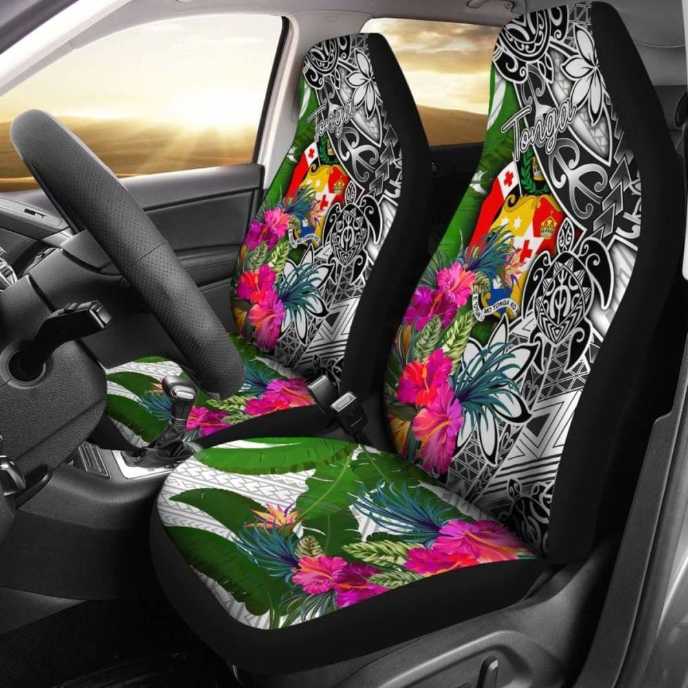 Tonga Car Seat Covers White - Turtle Plumeria Banana Leaf -