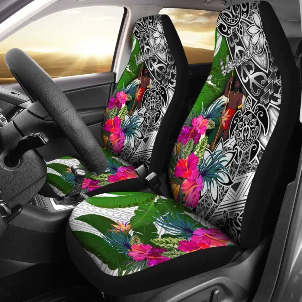 Vanuatu Car Seat Covers White - Turtle Plumeria Banana Leaf -