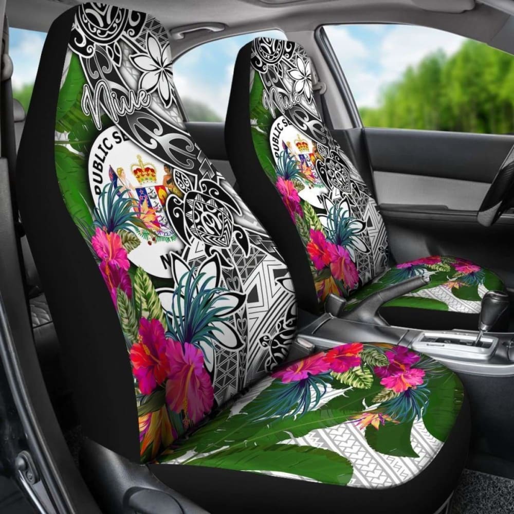 Niue Car Seat Covers White - Turtle Plumeria Banana Leaf -