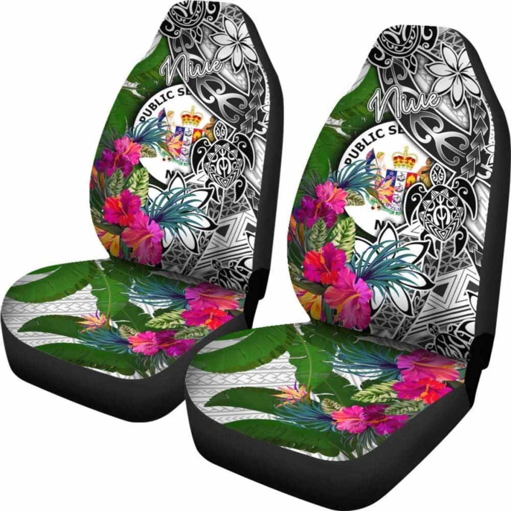 Niue Car Seat Covers White - Turtle Plumeria Banana Leaf -