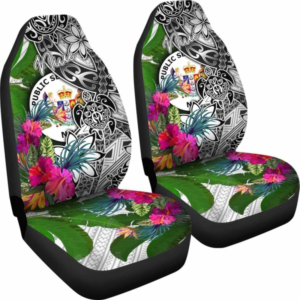 Niue Car Seat Covers White - Turtle Plumeria Banana Leaf -