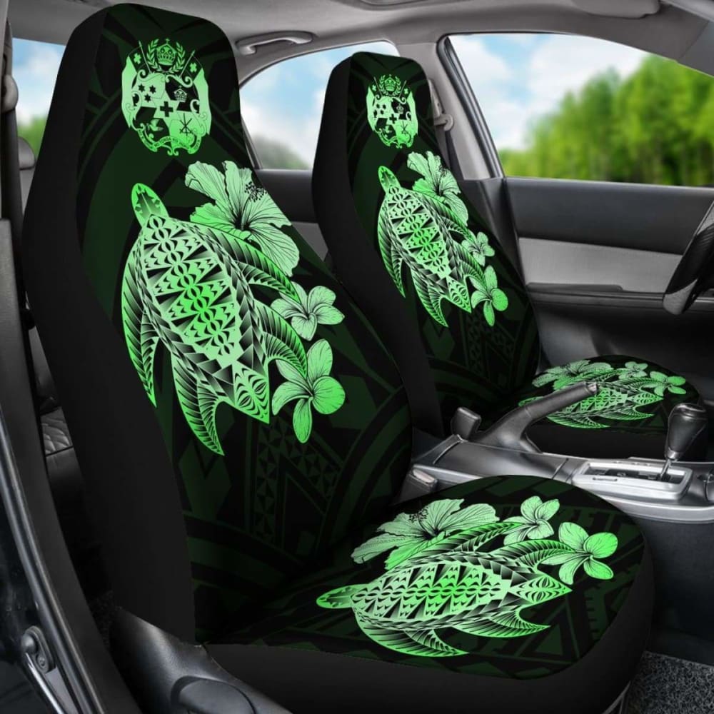 Tongan Car Seat Covers Hibiscus Plumeria Mix Polynesian Turtle Green Awesome