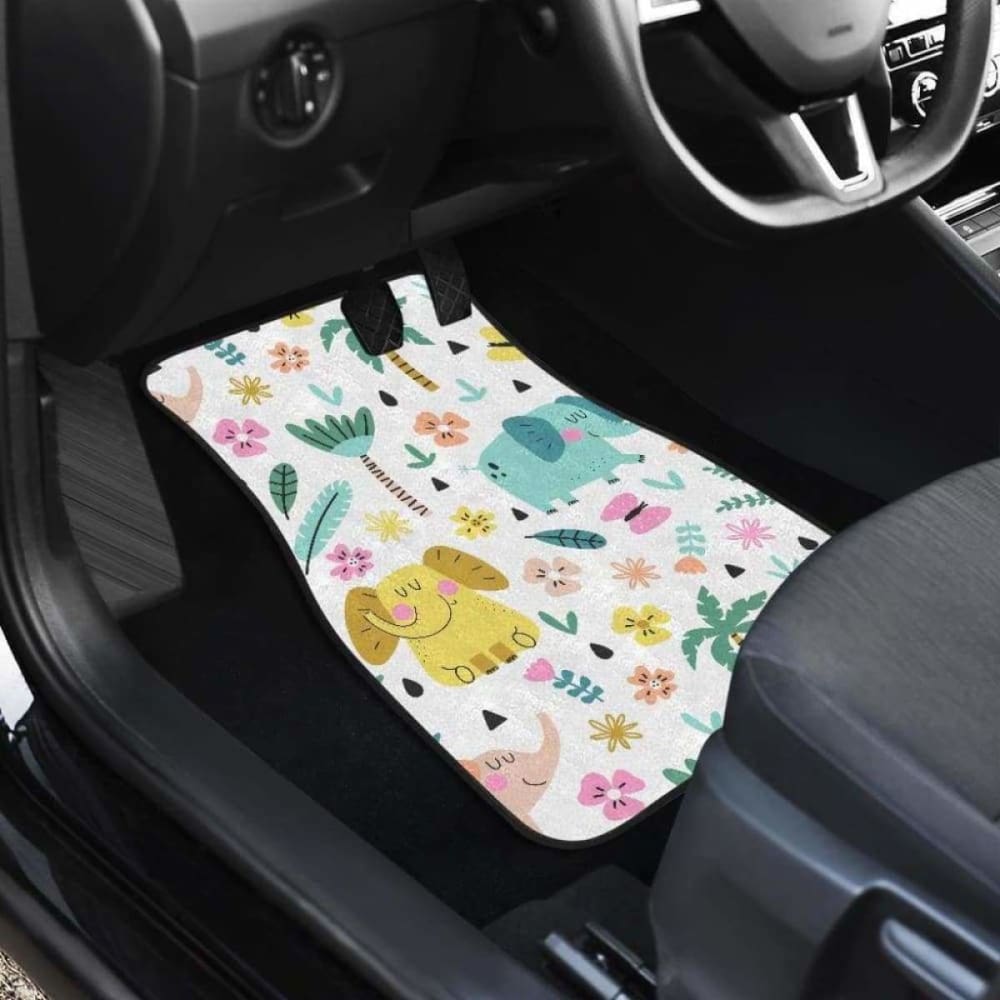 Cute Elephants Palm Tree Flower Butterfly Pattern Front And Back Car Mats