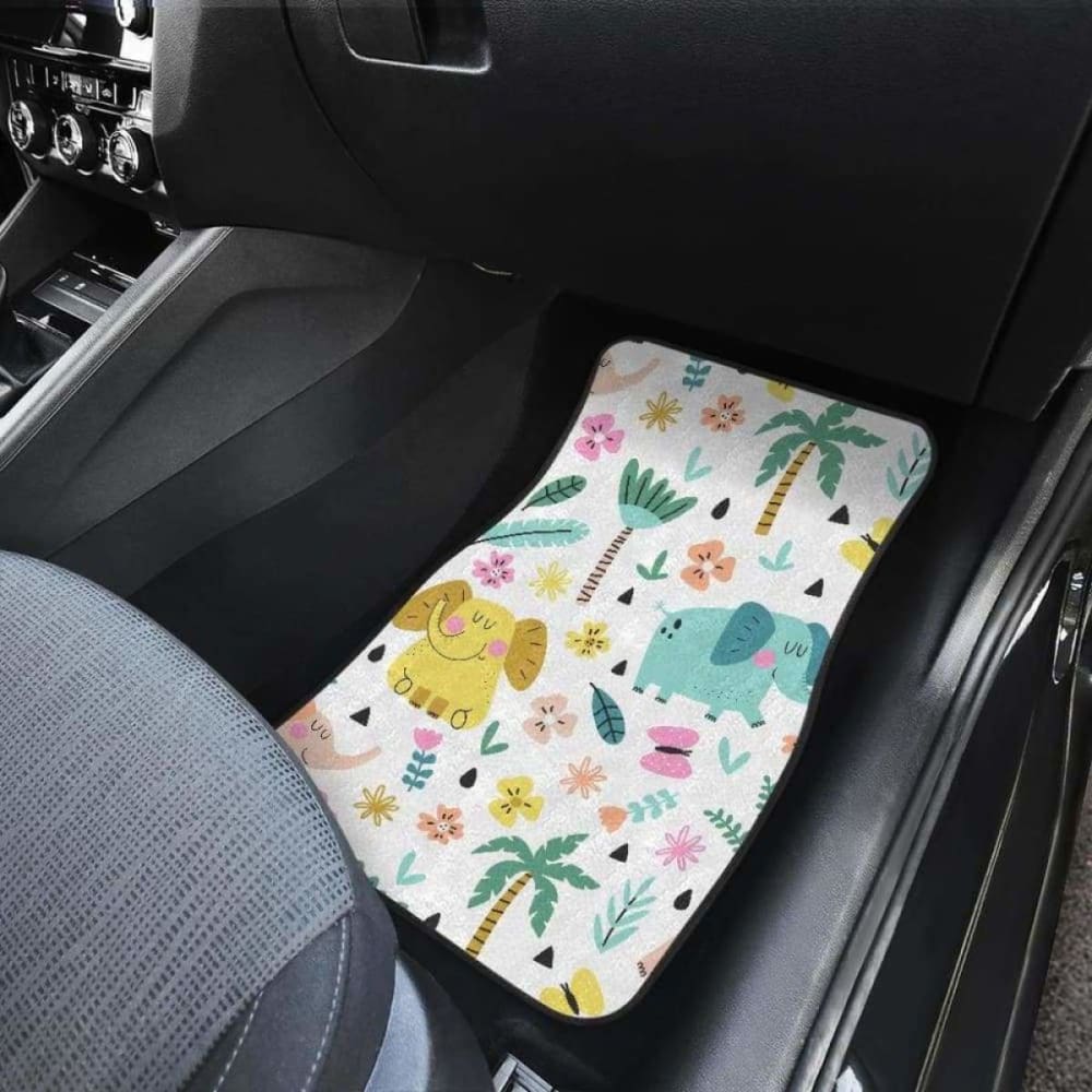 Cute Elephants Palm Tree Flower Butterfly Pattern Front And Back Car Mats