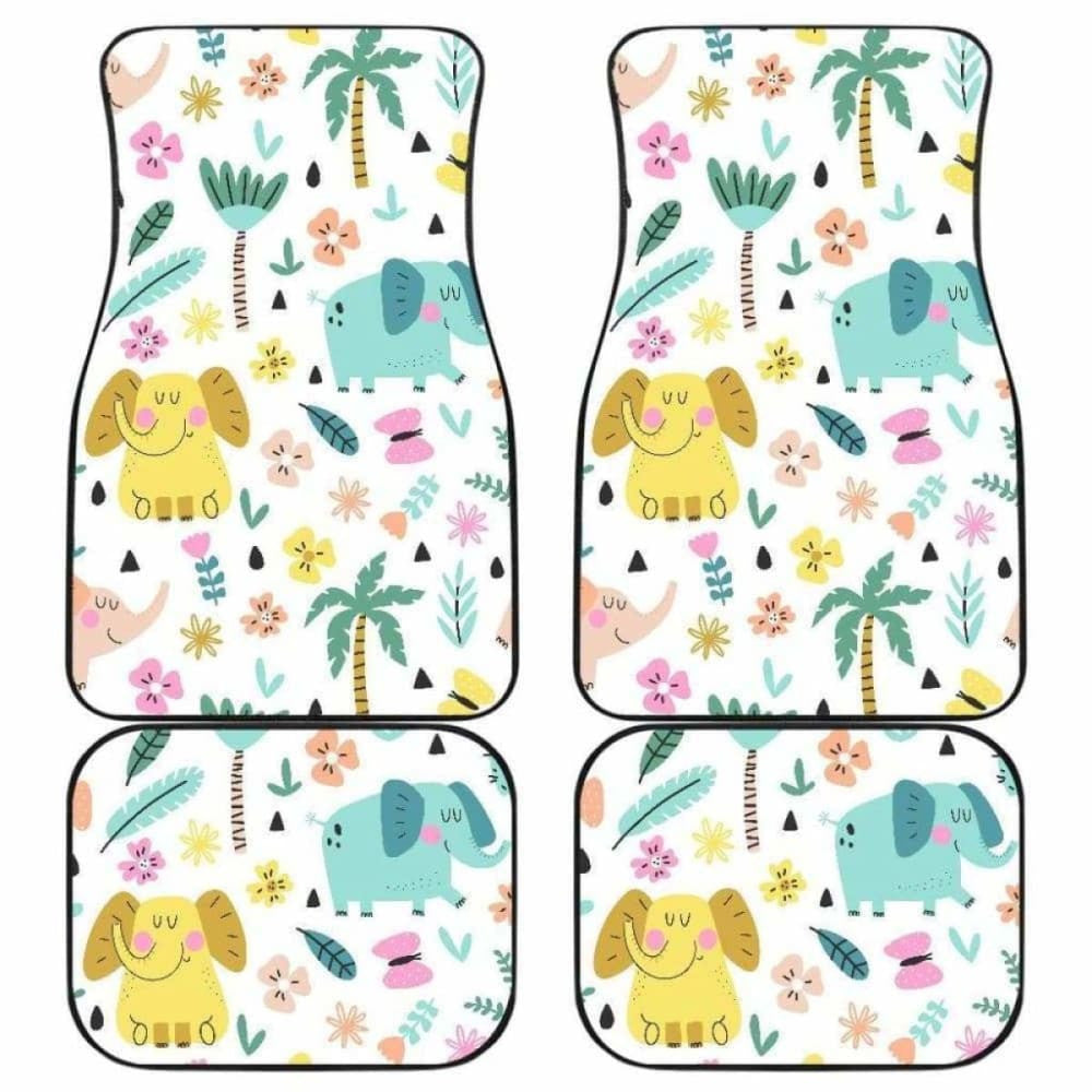 Cute Elephants Palm Tree Flower Butterfly Pattern Front And Back Car Mats