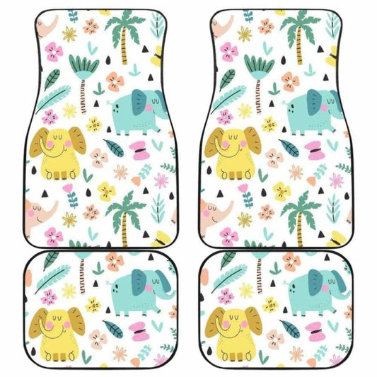 Cute Elephants Palm Tree Flower Butterfly Pattern Front And Back Car Mats
