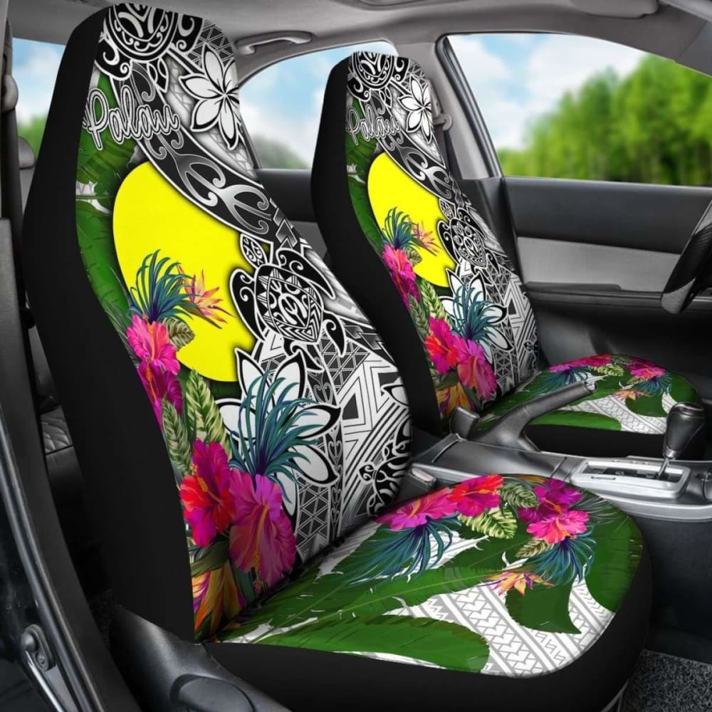 Palau Car Seat Covers White - Turtle Plumeria Banana Leaf -
