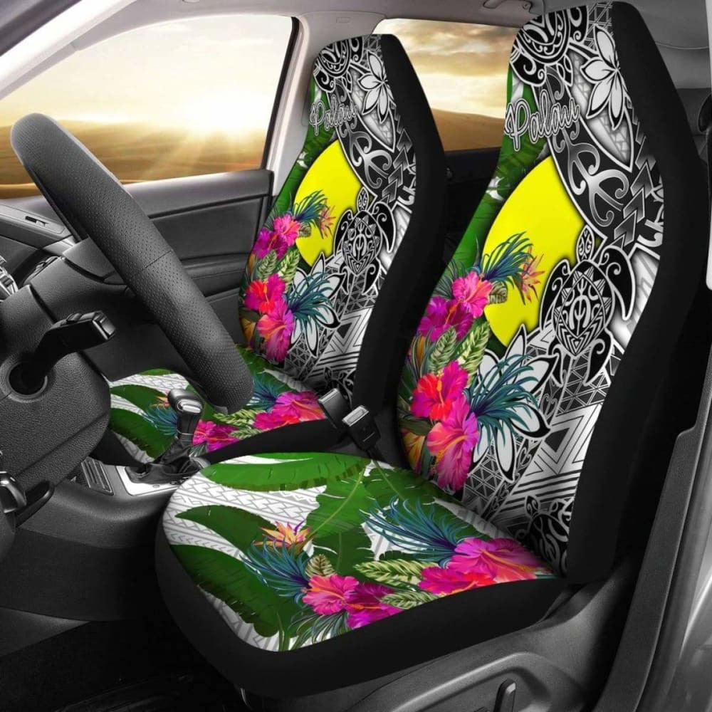 Palau Car Seat Covers White - Turtle Plumeria Banana Leaf -