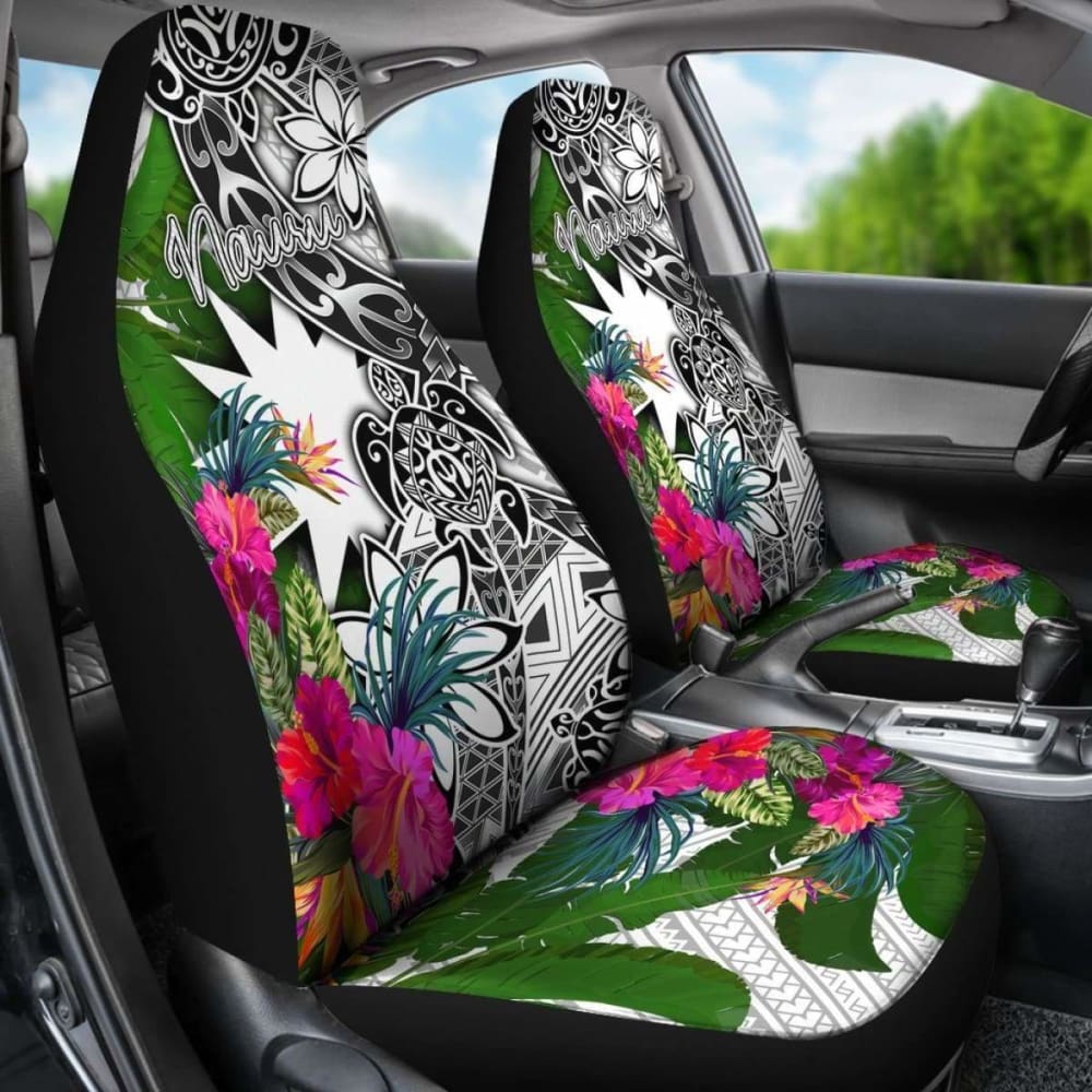 Nauru Car Seat Covers White - Turtle Plumeria Banana Leaf -