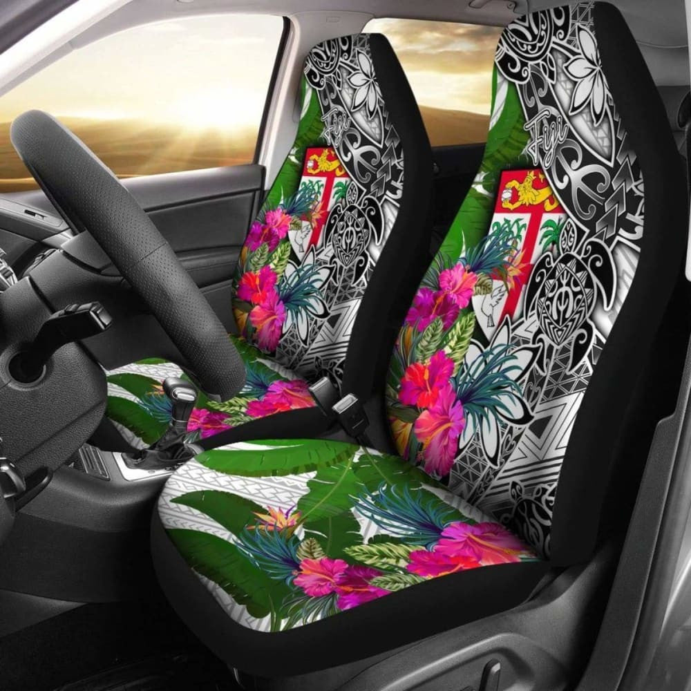 Fiji Car Seat Covers White - Turtle Plumeria Banana Leaf -