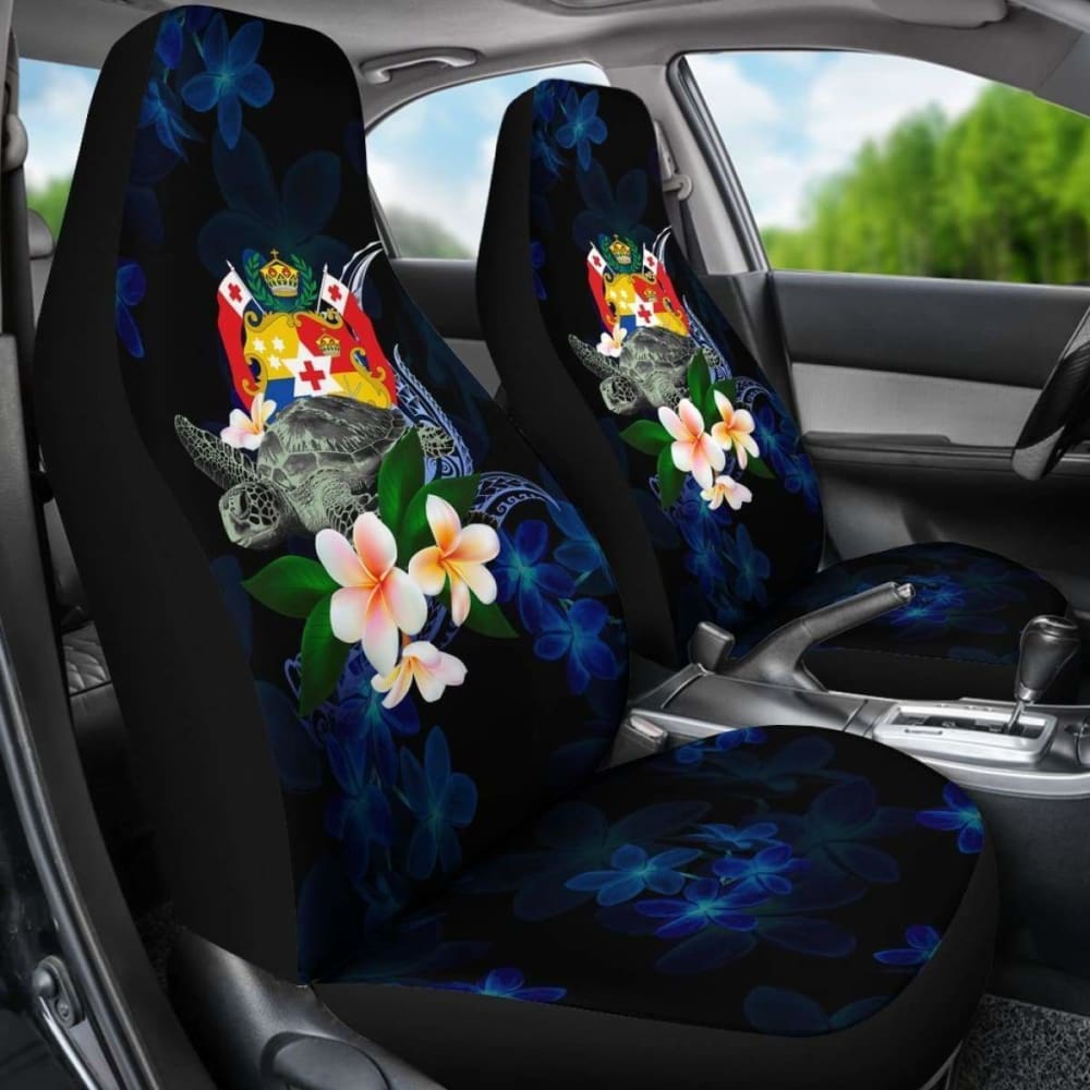 Tonga Polynesian Car Seat Covers - Turtle With Plumeria Flowers -