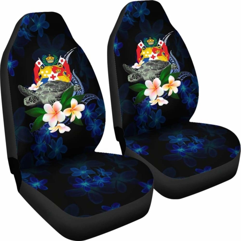 Tonga Polynesian Car Seat Covers - Turtle With Plumeria Flowers -