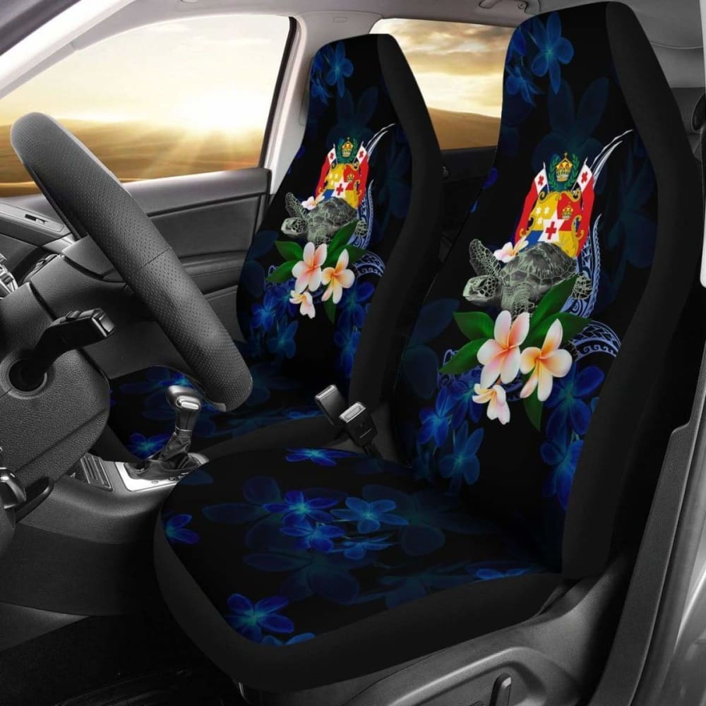 Tonga Polynesian Car Seat Covers - Turtle With Plumeria Flowers -